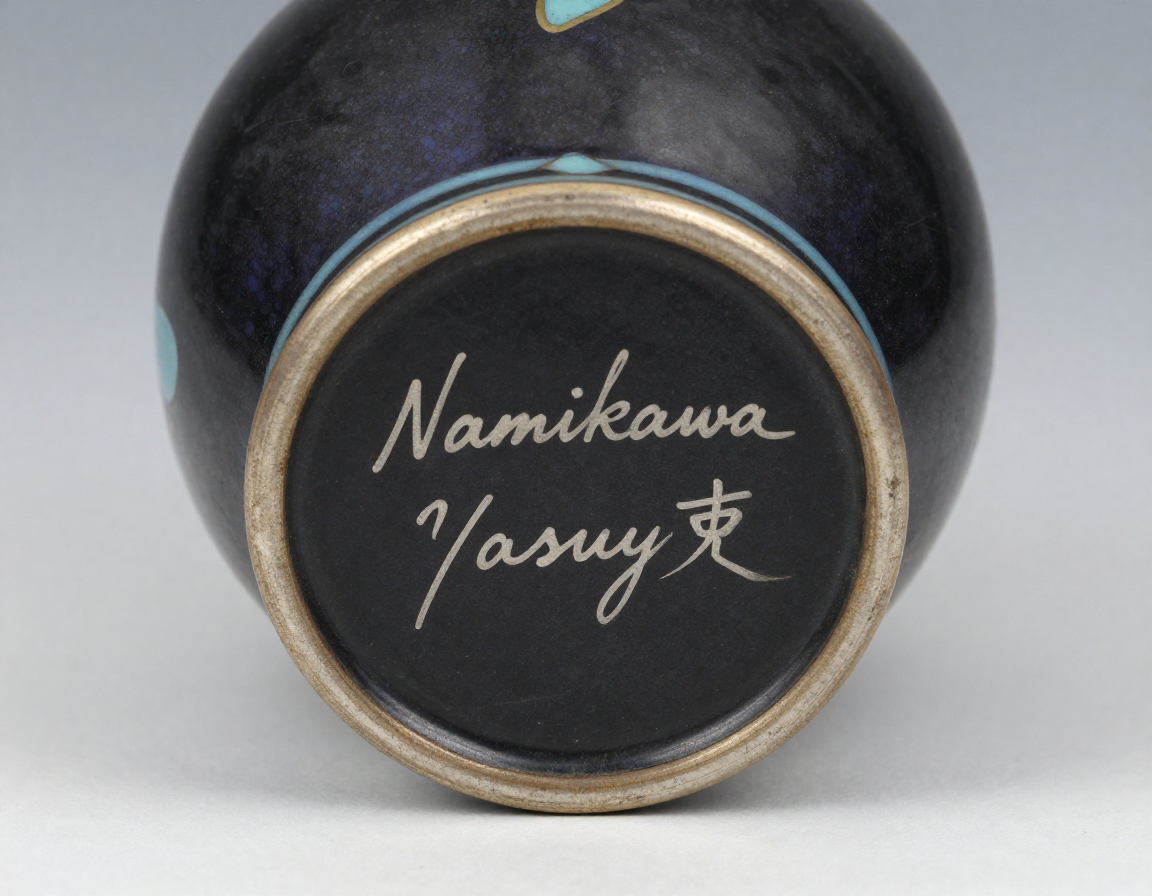 A close-up, high-resolution shot of the base of a cloisonné vase, clearly showing the intricate silver-wire signature of Namikawa Yasuyuki set against a dark enamel background. - Antique identification guide