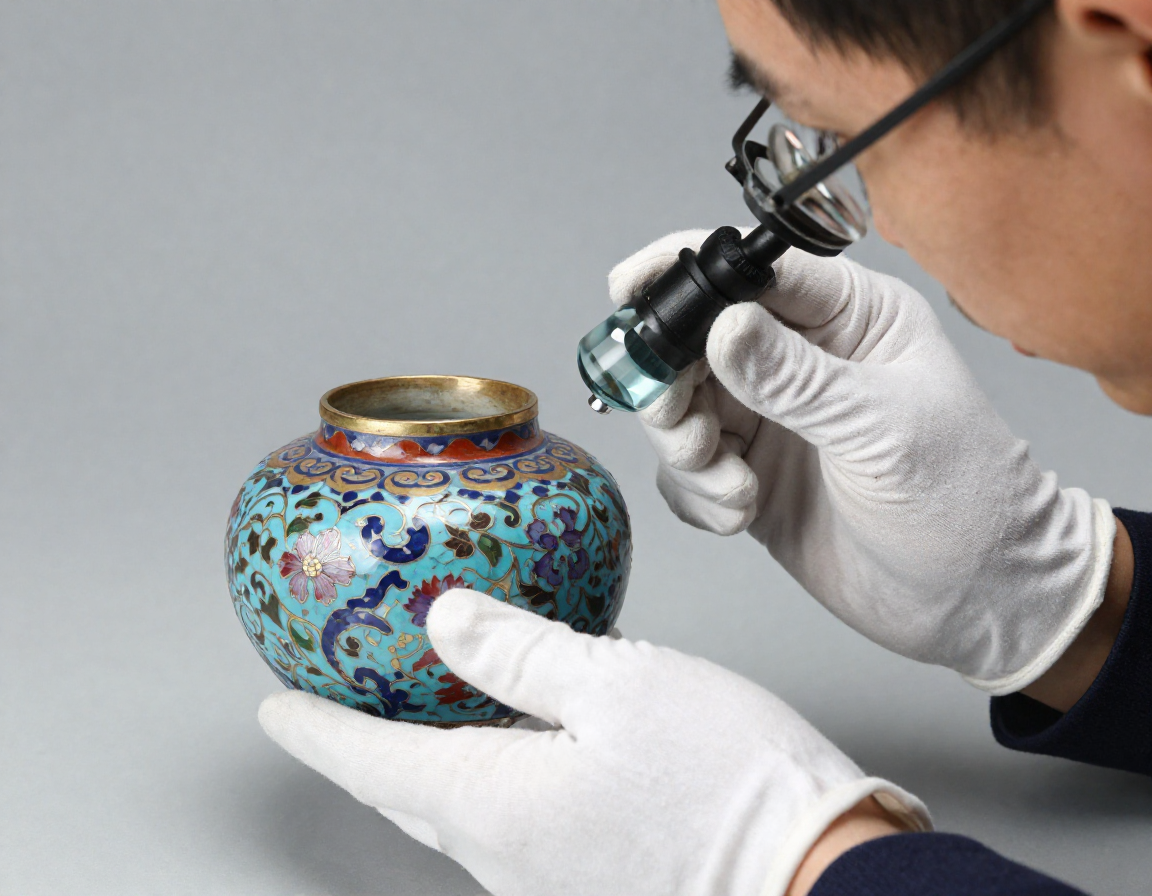 A professional appraiser wearing white cotton gloves, carefully examining a small cloisonné jar under a specialized jeweler's loupe to check for microscopic hairline cracks or restoration work. - Antique identification guide