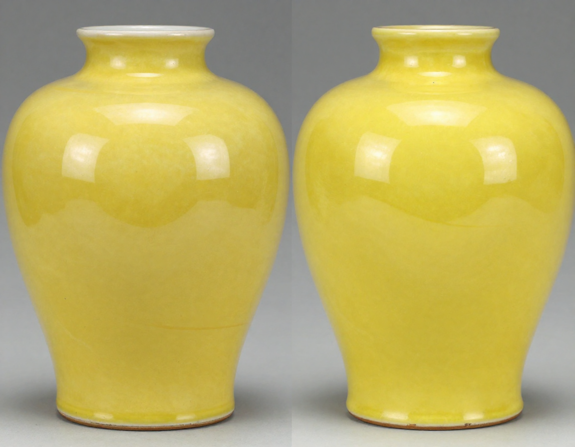 A close-up side-by-side macro photo comparing the rich, even 'egg-yolk' glaze of authentic Qing Imperial Yellow porcelain against the harsh, flat lemon yellow of a modern fake. - Antique identification guide