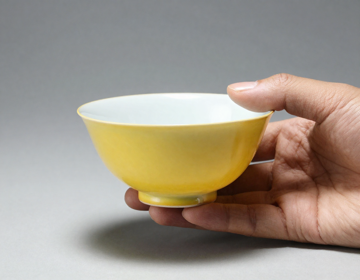 An antique appraiser holding a delicate Imperial Yellow bowl under a strong light source, examining the translucency of the fine porcelain body and the flawless surface. - Antique identification guide