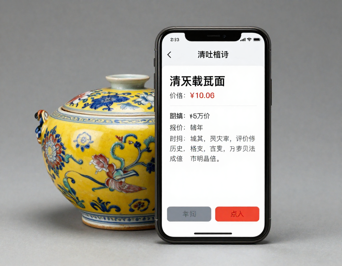A screenshot of the Antique Identifier app interface showing a successful scan and appraisal of a Chinese porcelain piece, displaying the estimated value, era, and historical context. - Antique identification guide