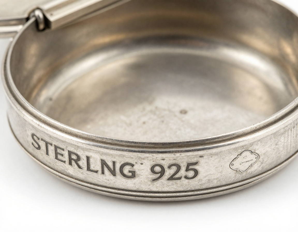 A close-up, high-resolution photo of a silver cigarette case's interior rim, focusing sharply on the stamped 