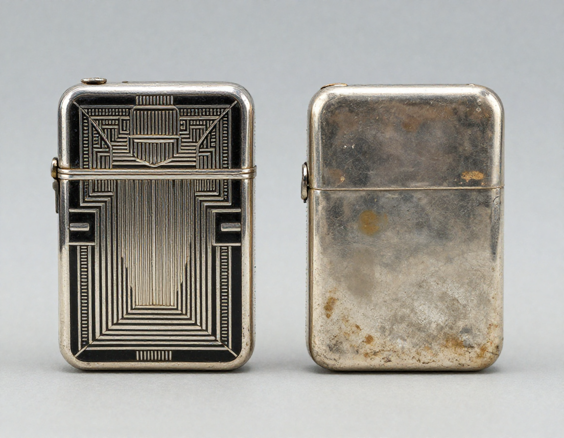 A side-by-side photo comparing a pristine Art Deco silver cigarette case with geometric black enamel against a heavily dented, tarnished plain silver case, highlighting condition differences. - Antique identification guide