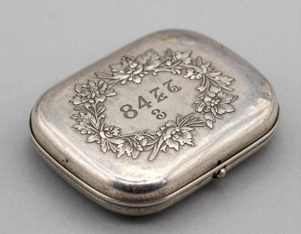 A macro shot showing a tiny, hidden Russian 84 Zolotnik hallmark and maker's initials stamped cleverly within the engraved floral pattern on the exterior of a silver case. - Antique identification guide