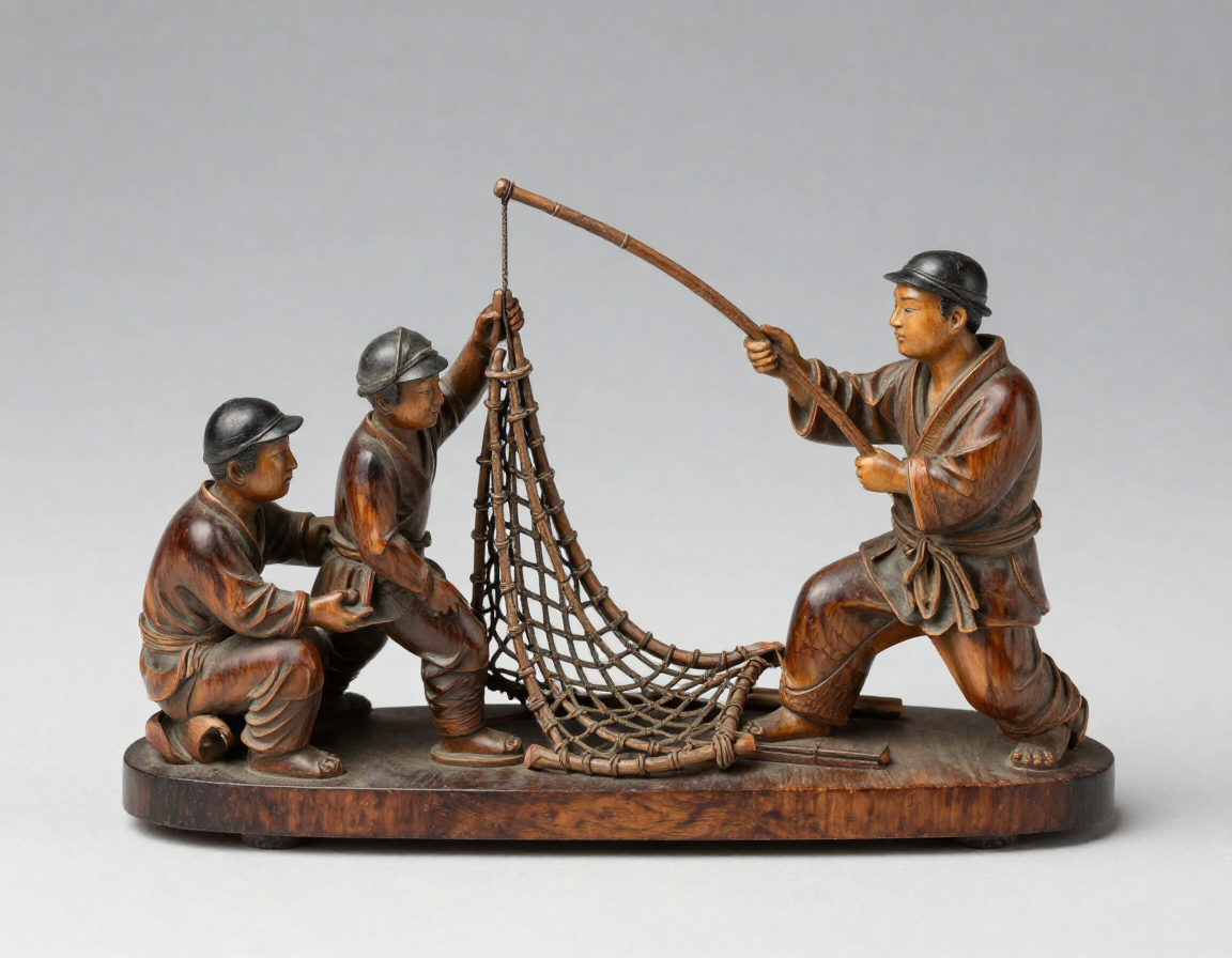 A complex, multi-figure okimono carving depicting a fisherman casting a net, demonstrating the high level of detail required for a premium auction valuation. - Antique identification guide