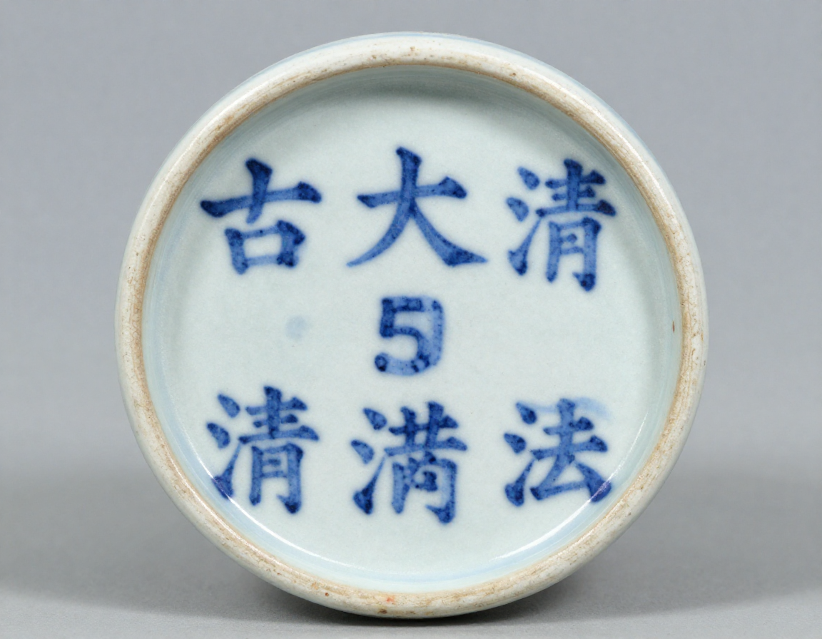 A clear, well-lit macro shot of an authentic six-character Daoguang reign mark in underglaze blue, showing the variations in brush stroke intensity. - Antique identification guide