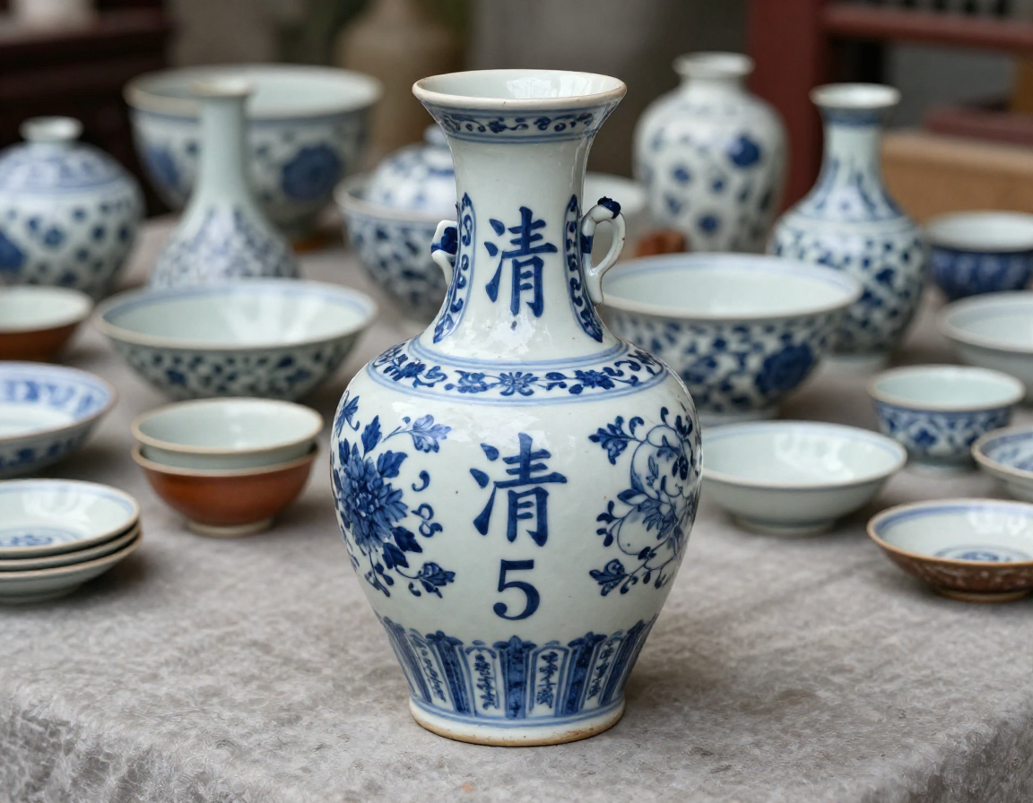 A wide shot of a crowded estate sale table featuring mixed ceramics, highlighting the importance of spotting a genuine piece among common household wares. - Antique identification guide