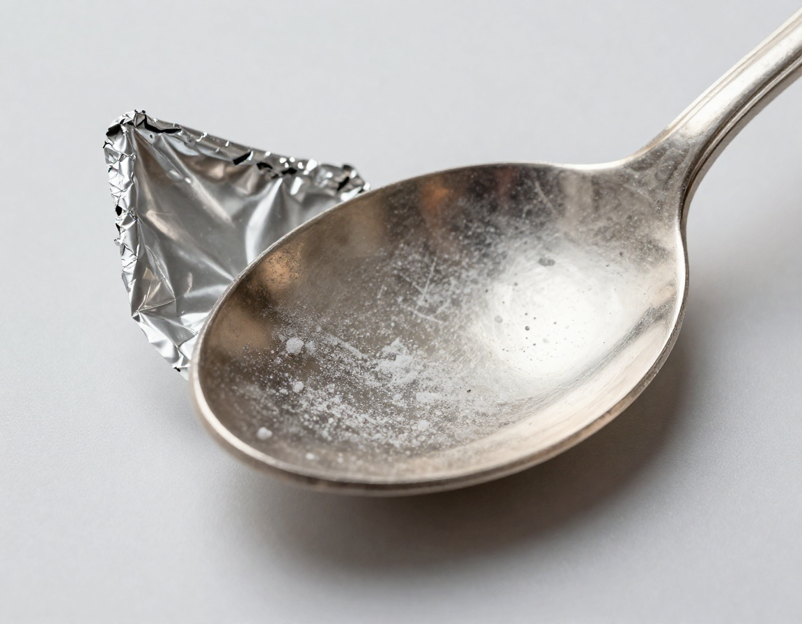 Close-up macro shot of a silver spoon bowl showing tiny pits and a dull, chalky white surface resulting from repeated chemical dipping and foil reactions. - Antique identification guide