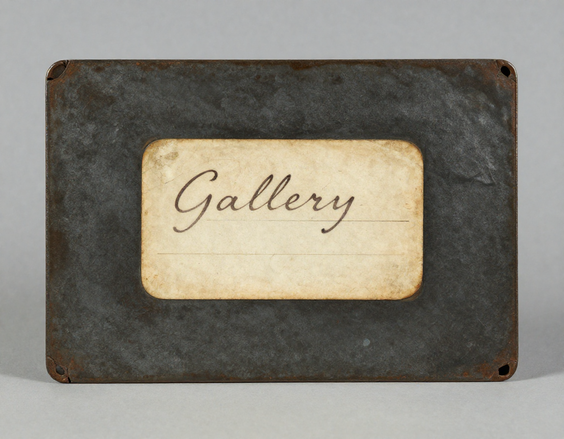 A close-up of the back of a Victorian painting on a tin panel, showing the dark, oxidized metal surface and a faded, handwritten gallery label - Antique identification guide