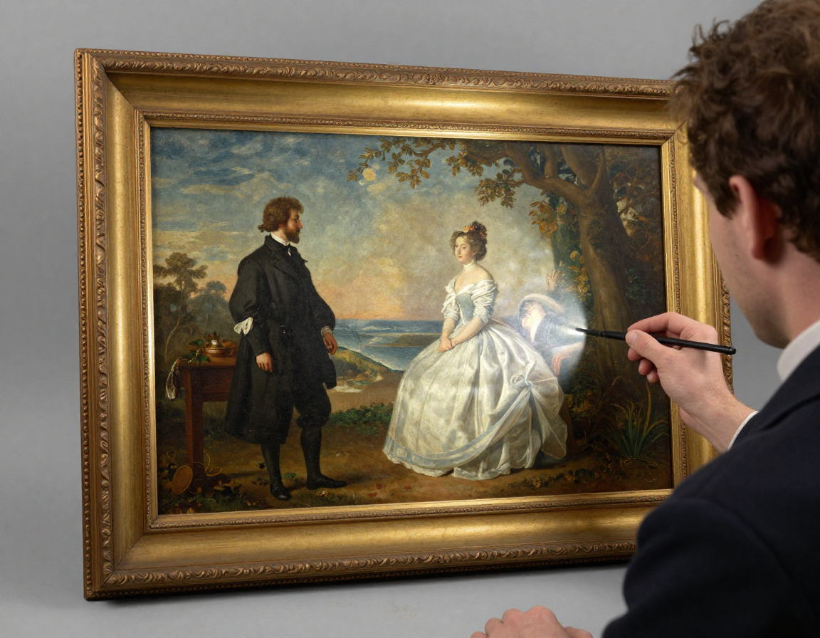 A professional conservator examining a Victorian painting under a blacklight, highlighting spots of newer, modern paint used in previous restorations - Antique identification guide