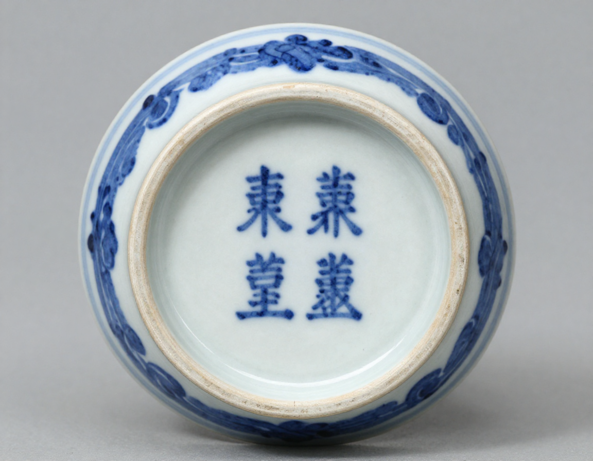 A close-up, high-resolution photo of an authentic underglaze blue six-character Kangxi reign mark on the base of a porcelain bowl, showing the slight variations in brushstrokes and the deep cobalt color pooling. - Antique identification guide