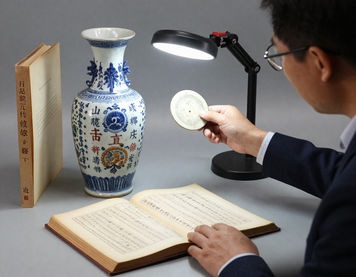 A professional appraisal setting showing an antique appraiser examining a Chinese vase under a UV light, with reference books open on the desk. - Antique identification guide