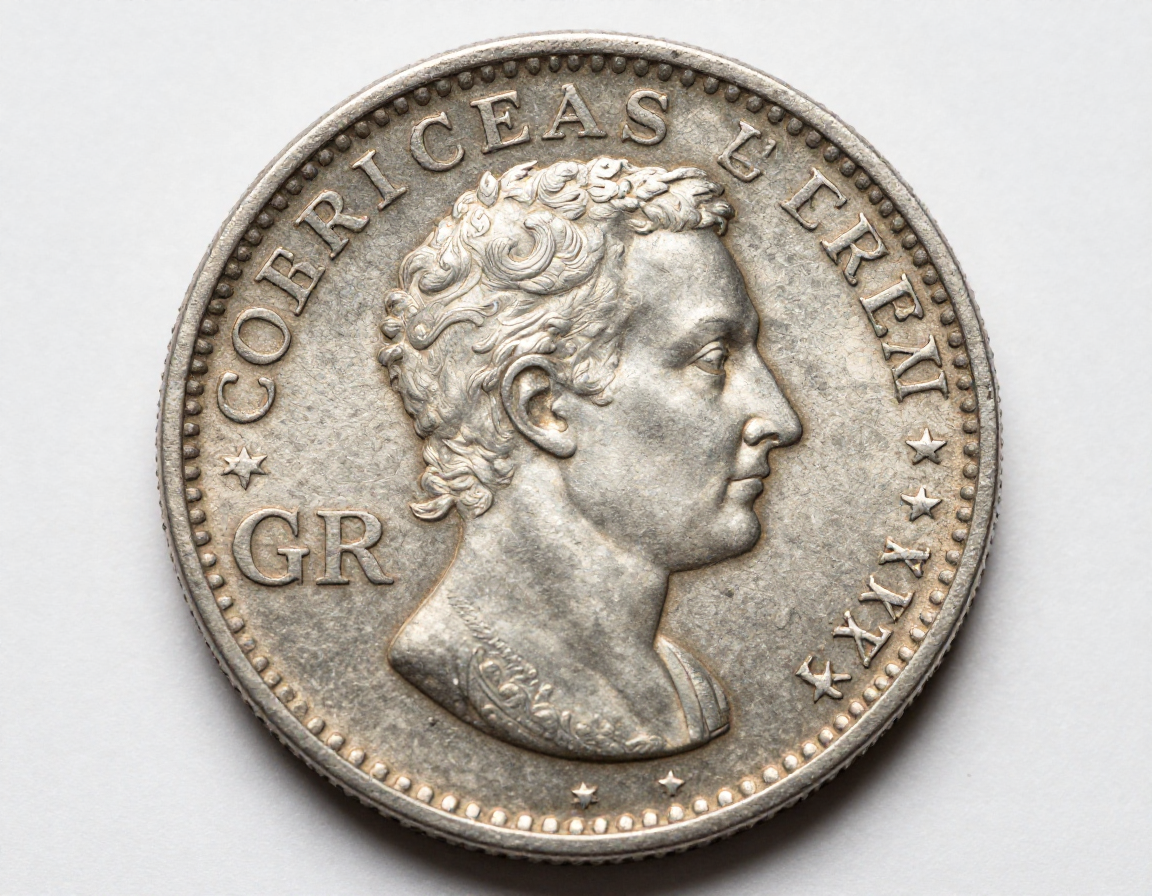 A detailed macro shot highlighting a 'GR' (Georgius Rex) counterstamp applied over the bust of a Spanish king on a silver coin - Antique identification guide
