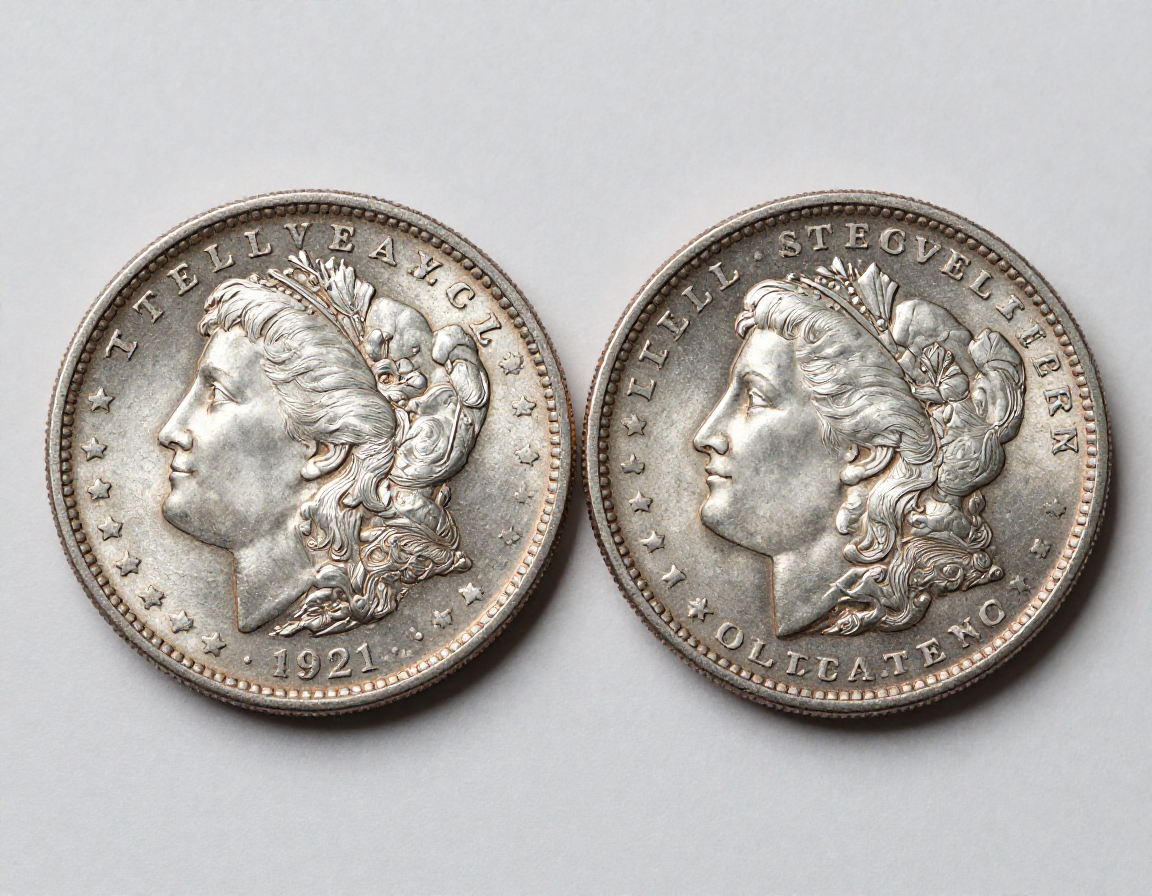 A close-up comparison of a genuine 1921 Morgan Silver Dollar next to a visibly worn, silver-plated replica showing copper undertones on the high relief areas. - Antique identification guide