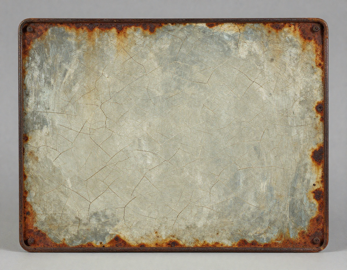 A close-up showing the crazing (crackle) pattern on an oil painting over a rusted antique tin panel, highlighting the natural edge oxidation - Antique identification guide