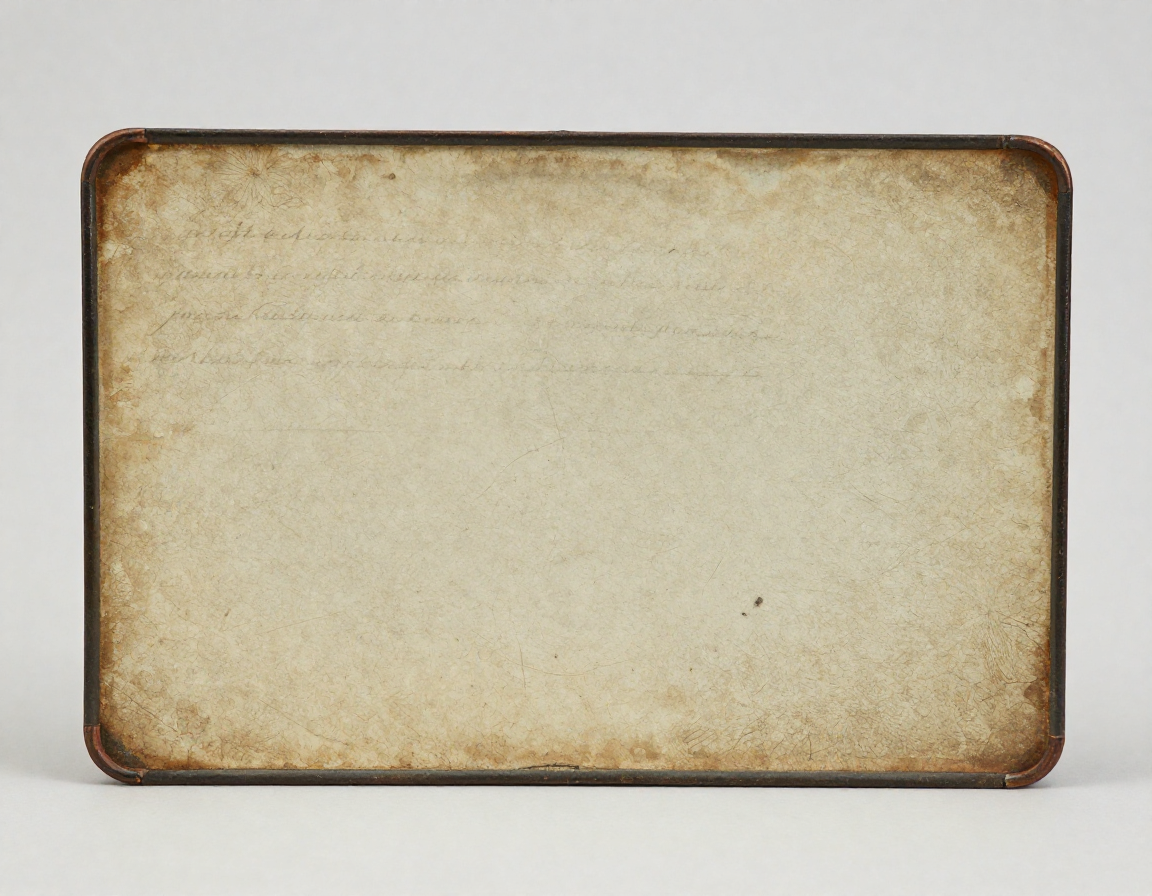 The reverse side of an antique tin painting, showing faint, oxidized pencil script and a heavily aged, uneven surface - Antique identification guide