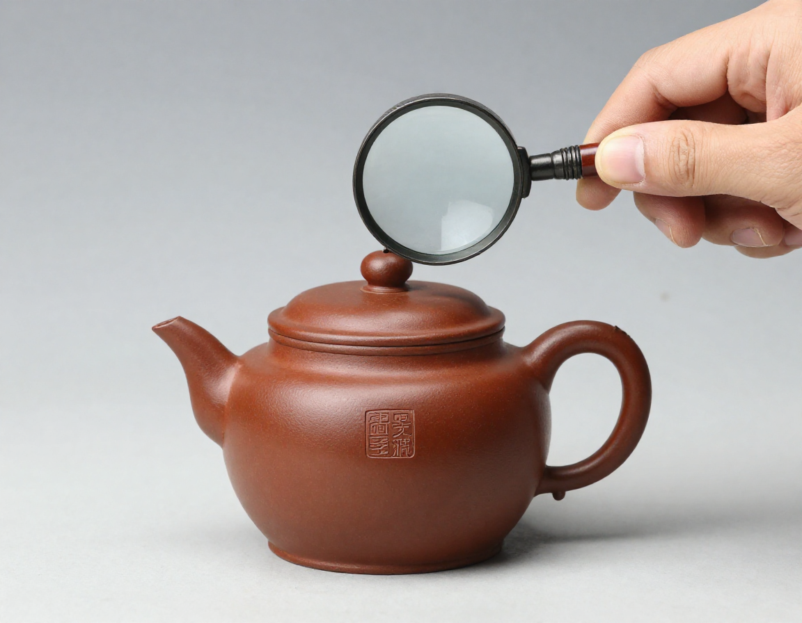 An appraiser's hand holding a magnifying glass over a square maker's mark stamped on the bottom of a Yixing teapot. - Antique identification guide