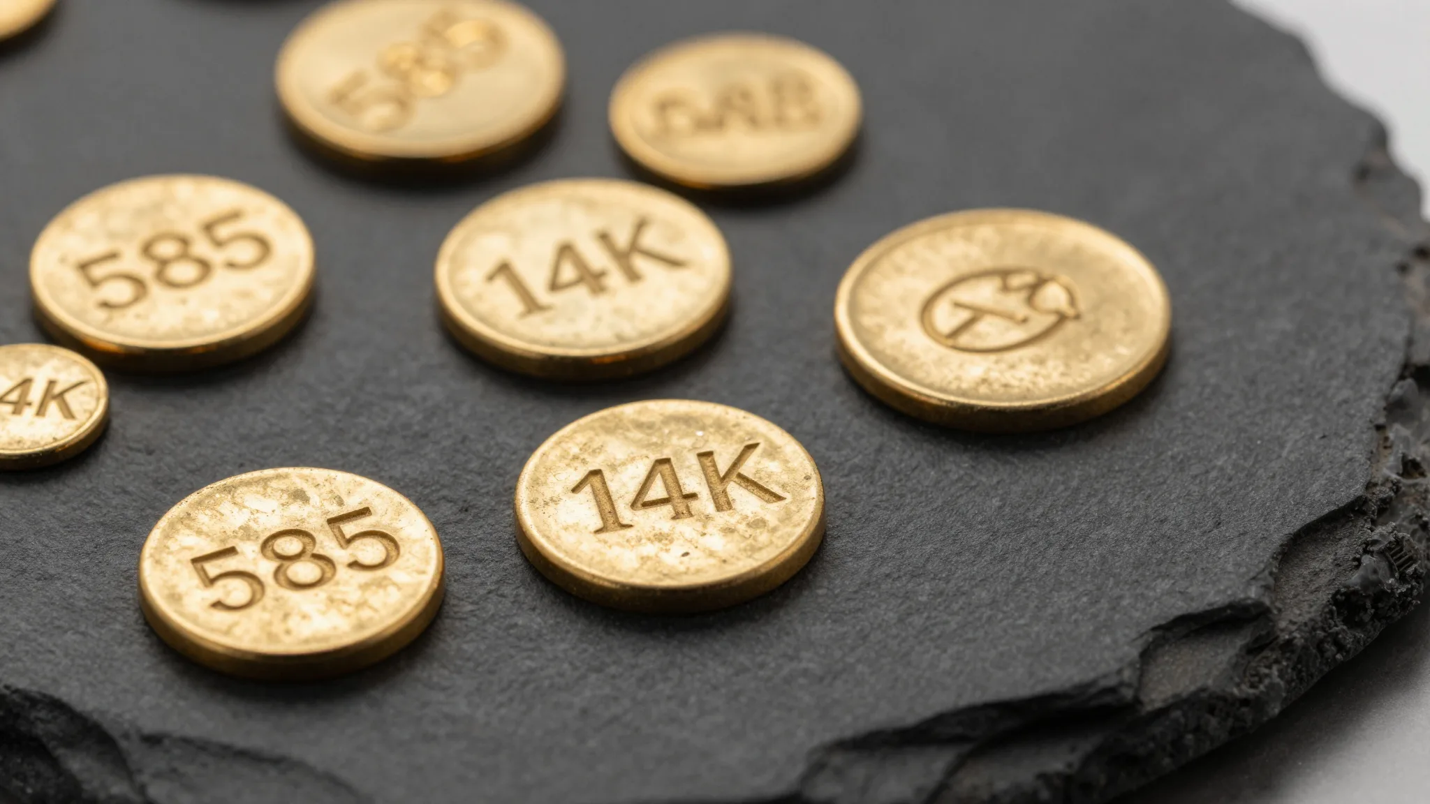 Close-up macro photo of 14k gold hallmarks stamped on antique jewelry, showing 585 and 14K marks on a warm gold surface
