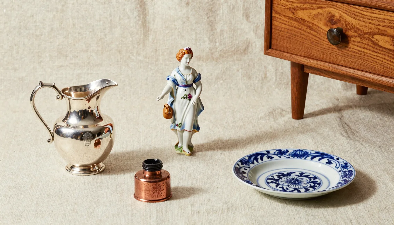 Flat lay of valuable antiques forecast for 2026 including silver hallmarked pieces, porcelain marks, and period furniture details on neutral linen background
