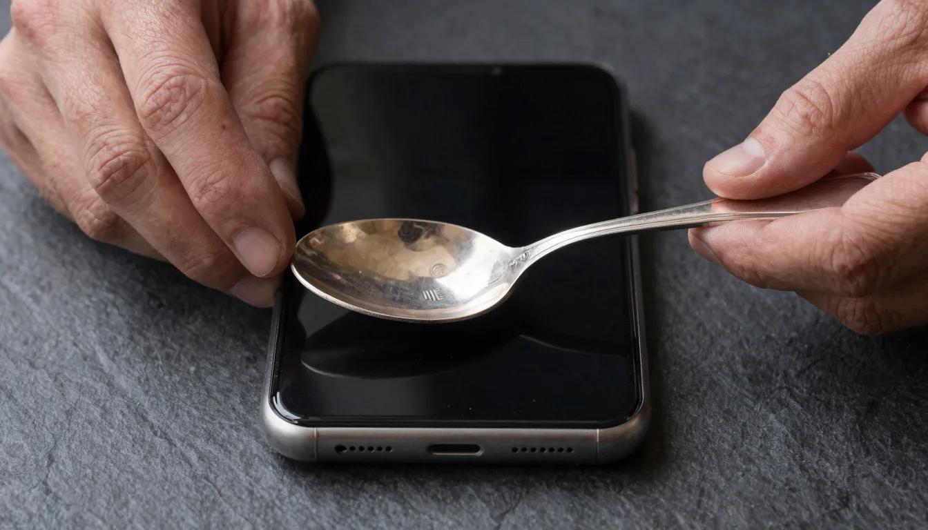Close-up of a silver hallmark on antique spoon being photographed with a smartphone antique identifier app