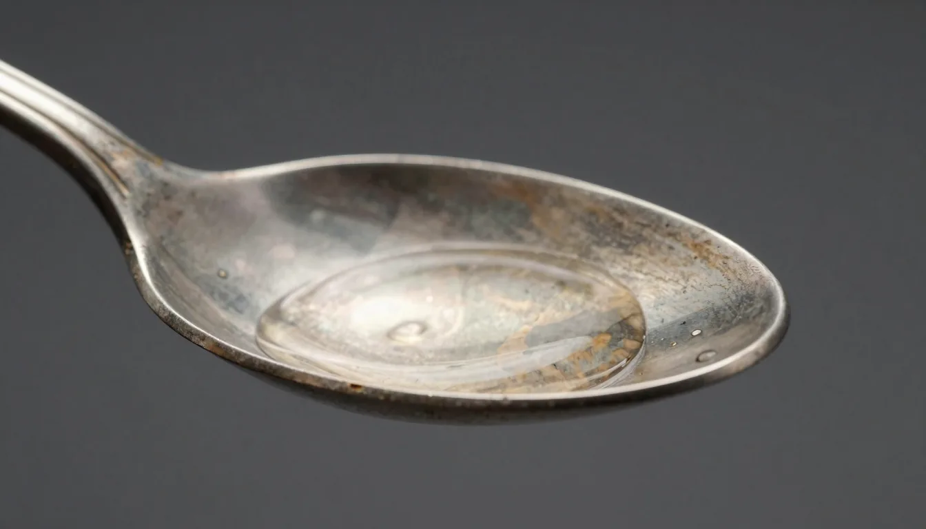 Close-up of a drop of bleach on a vintage silver spoon showing dark tarnish reaction on sterling surface