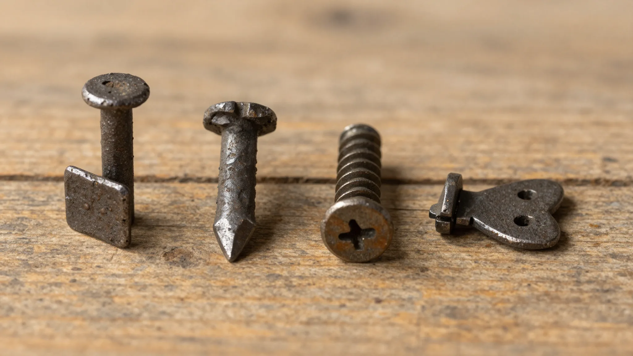 Close-up macro photograph of antique hand-cut nails, early wood screws, and a butterfly hinge on aged oak furniture surface