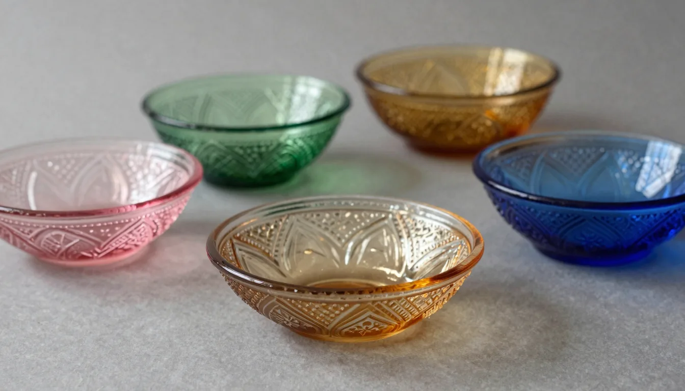 Close-up of depression glass plates in pink and green showing pressed patterns under studio lighting