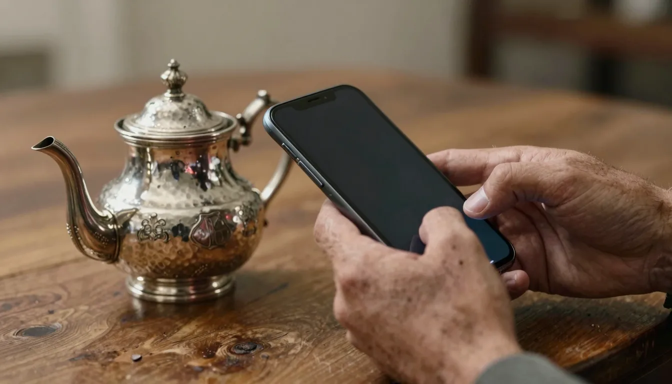 Collector holding a smartphone over a silver hallmarked teapot using Google Lens to identify antique
