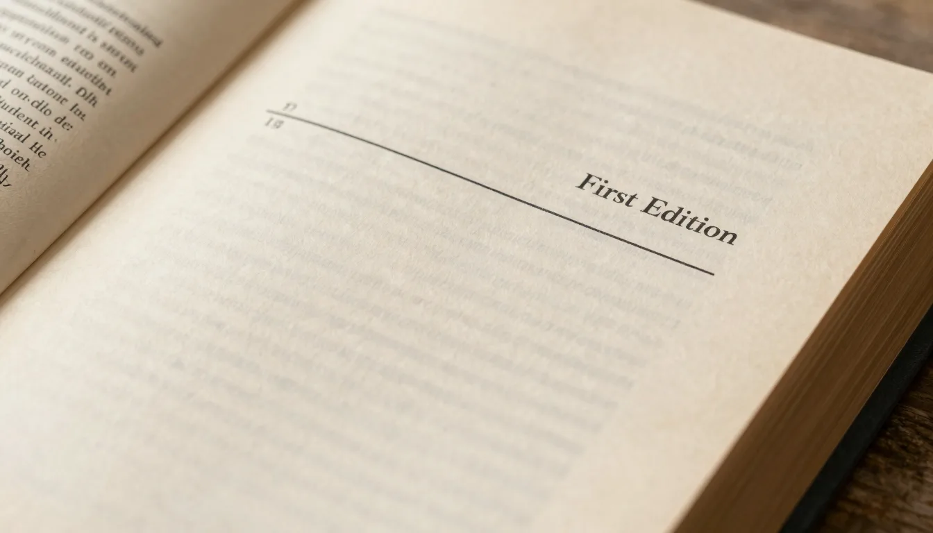 Close-up of a vintage book copyright page showing number line and first edition statement under warm studio lighting