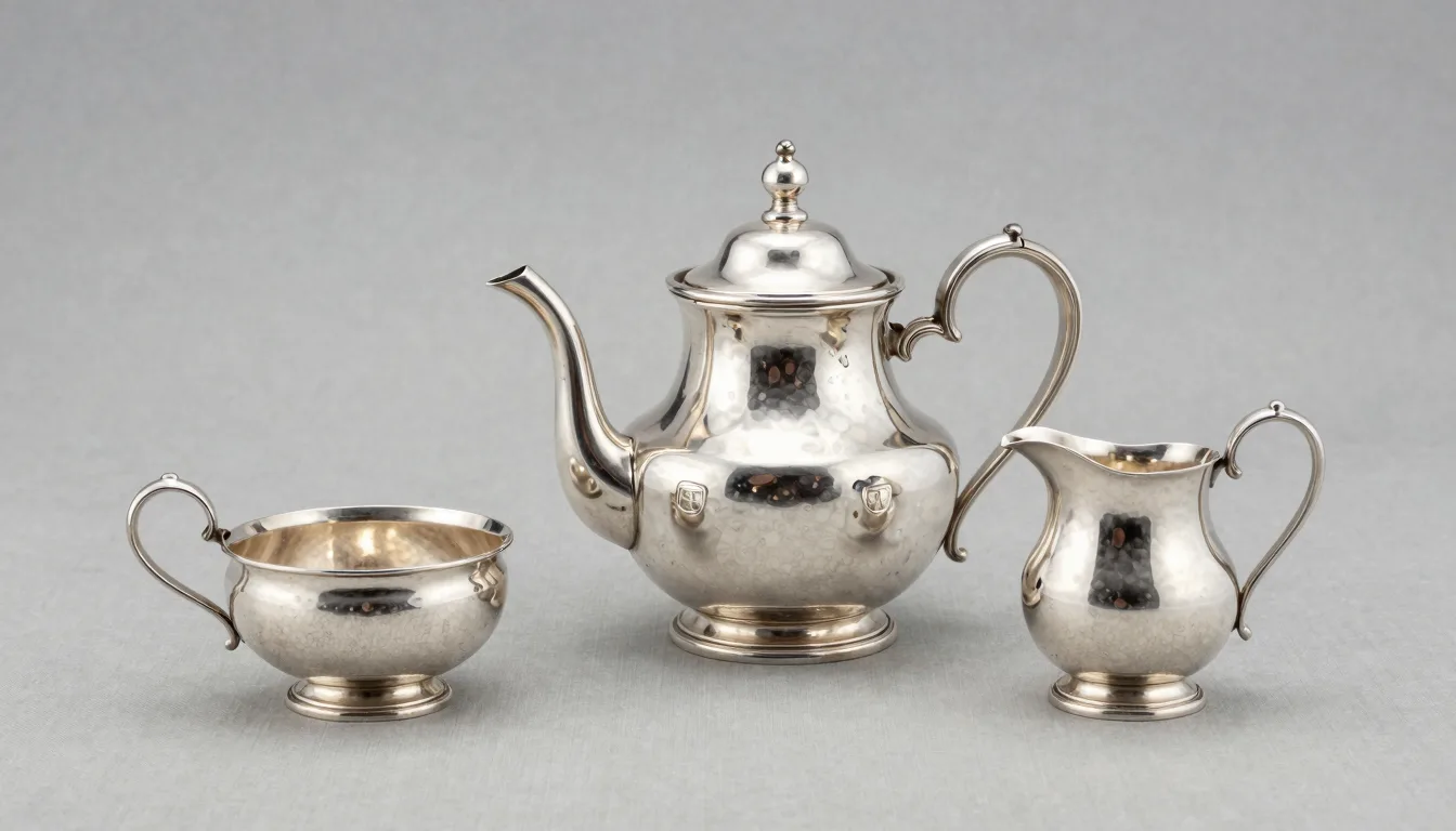 Antique silver tea service on neutral background awaiting online appraisal identification