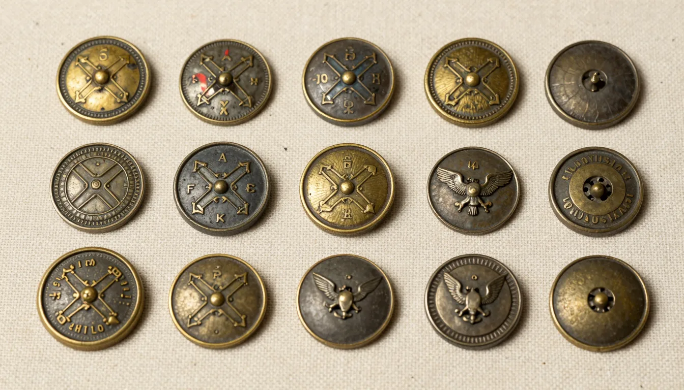 Rare Civil War Confederate and Union buttons displayed on aged linen with macro detail of hallmarks and backmarks