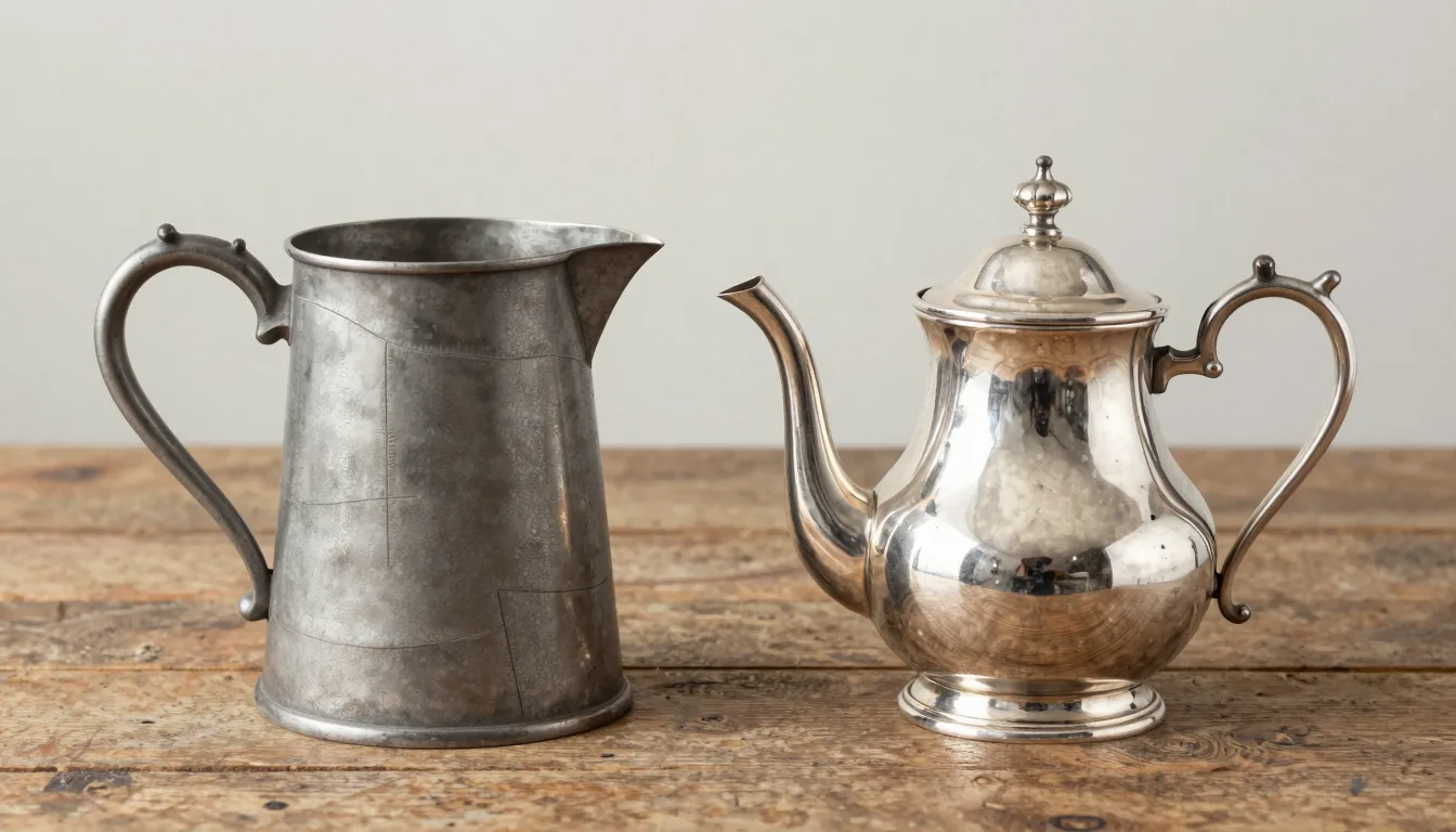 Close-up comparison of antique pewter tankard and silver plated teapot on a wooden table with hallmark stamps visible