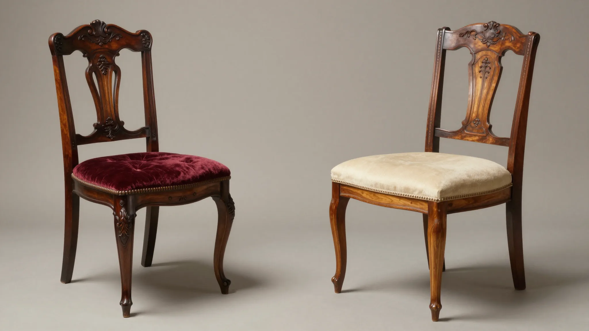 Side-by-side Victorian and Edwardian wooden chairs showing ornate carved details versus lighter tapered legs