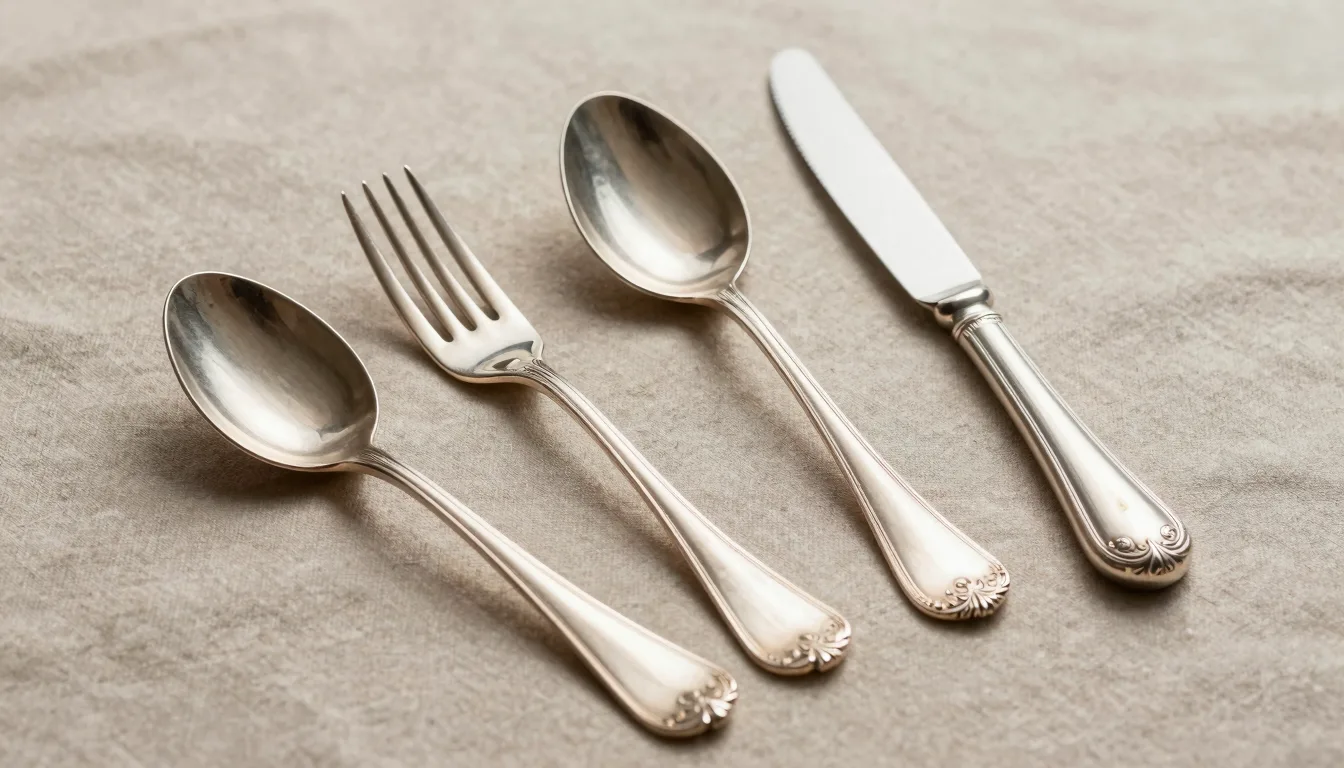 Wallace sterling silver flatware patterns laid flat on neutral linen, showing hallmarks and ornate handle details