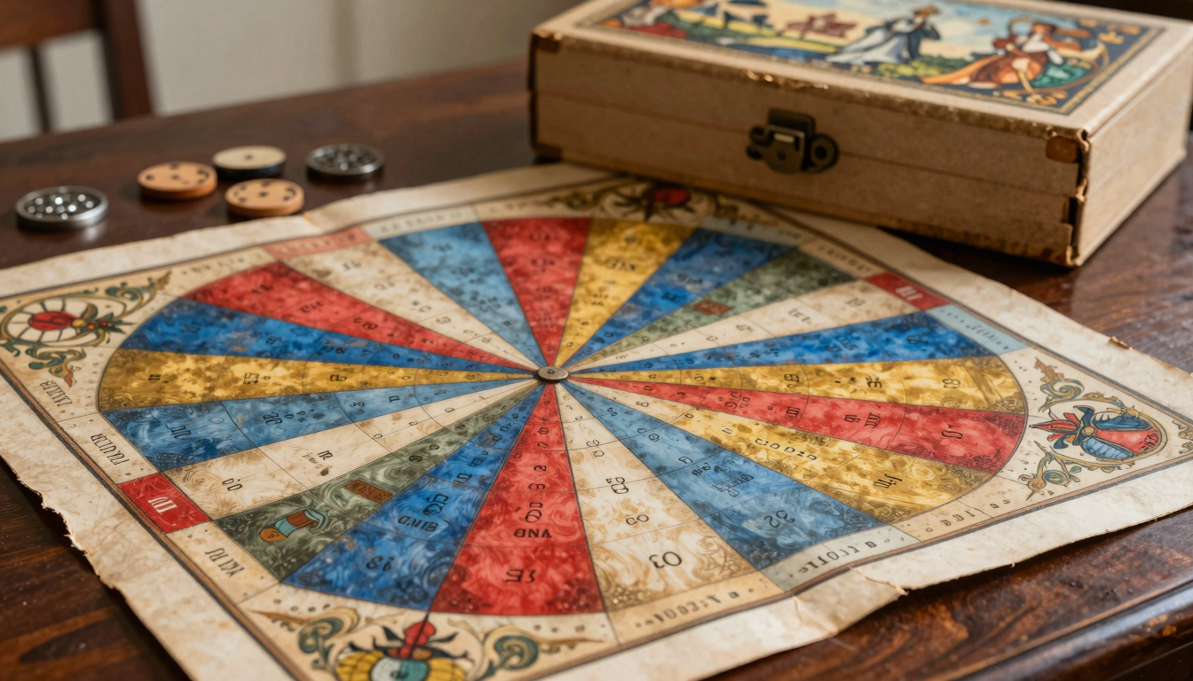 Antique 19th-century lithographed board game with original box and game pieces on a wooden table
