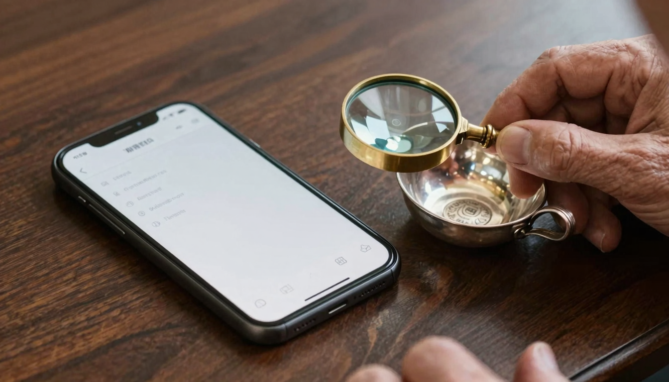 Antique identifier app on iPhone next to professional appraiser examining a sterling silver sauce boat with a brass loupe