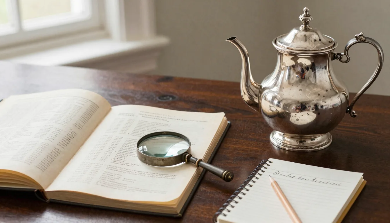 Antique value calculator workspace with silver teapot, loupe, auction catalogs, and notebook