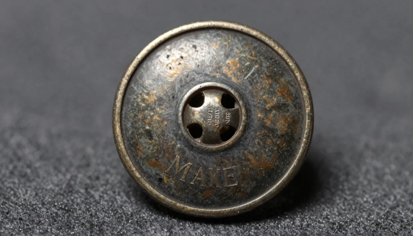 Close-up view of an antique military button with hallmark
