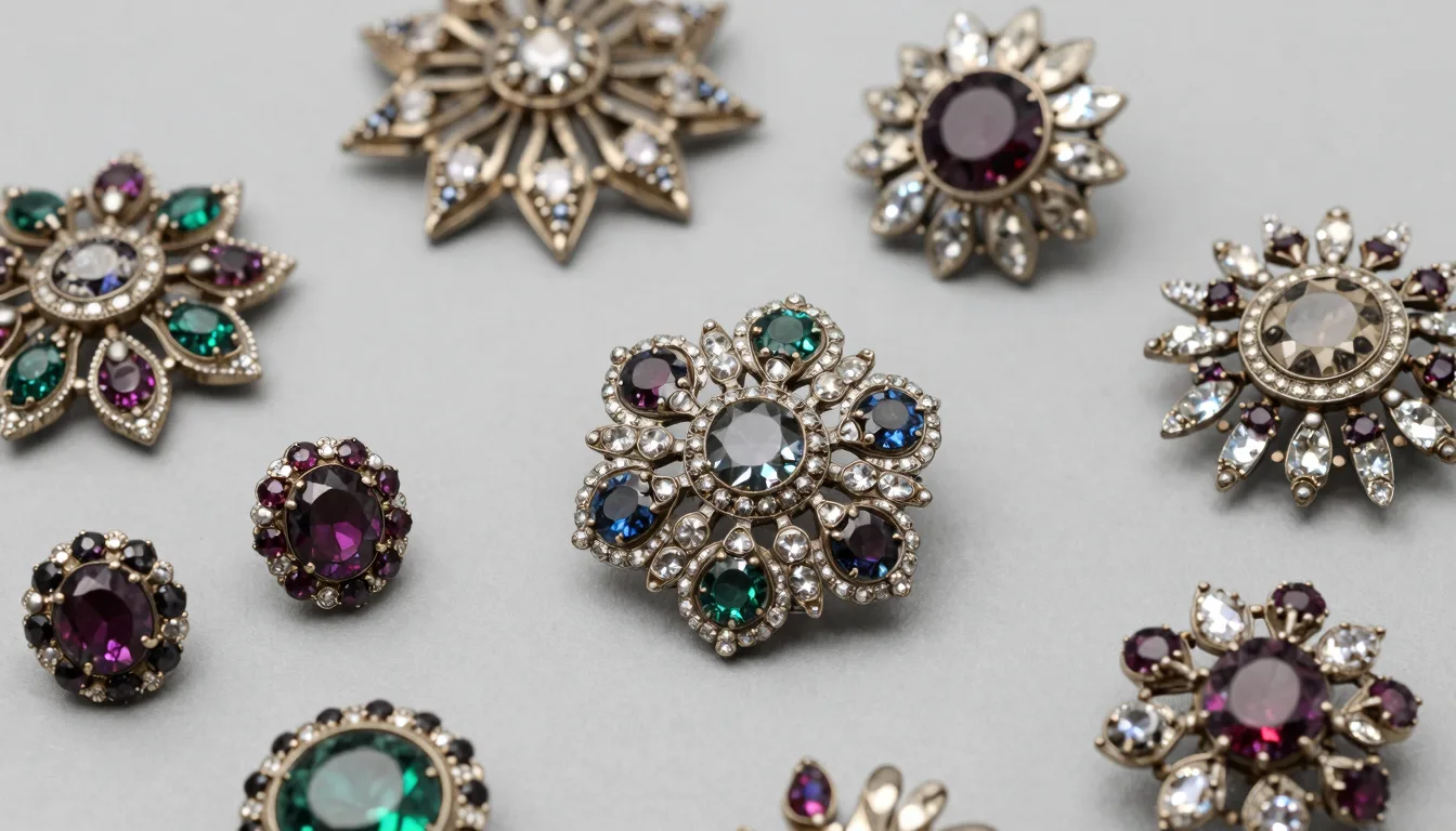 close-up of vintage costume jewelry pieces including Weiss, Trifari, and Eisenberg