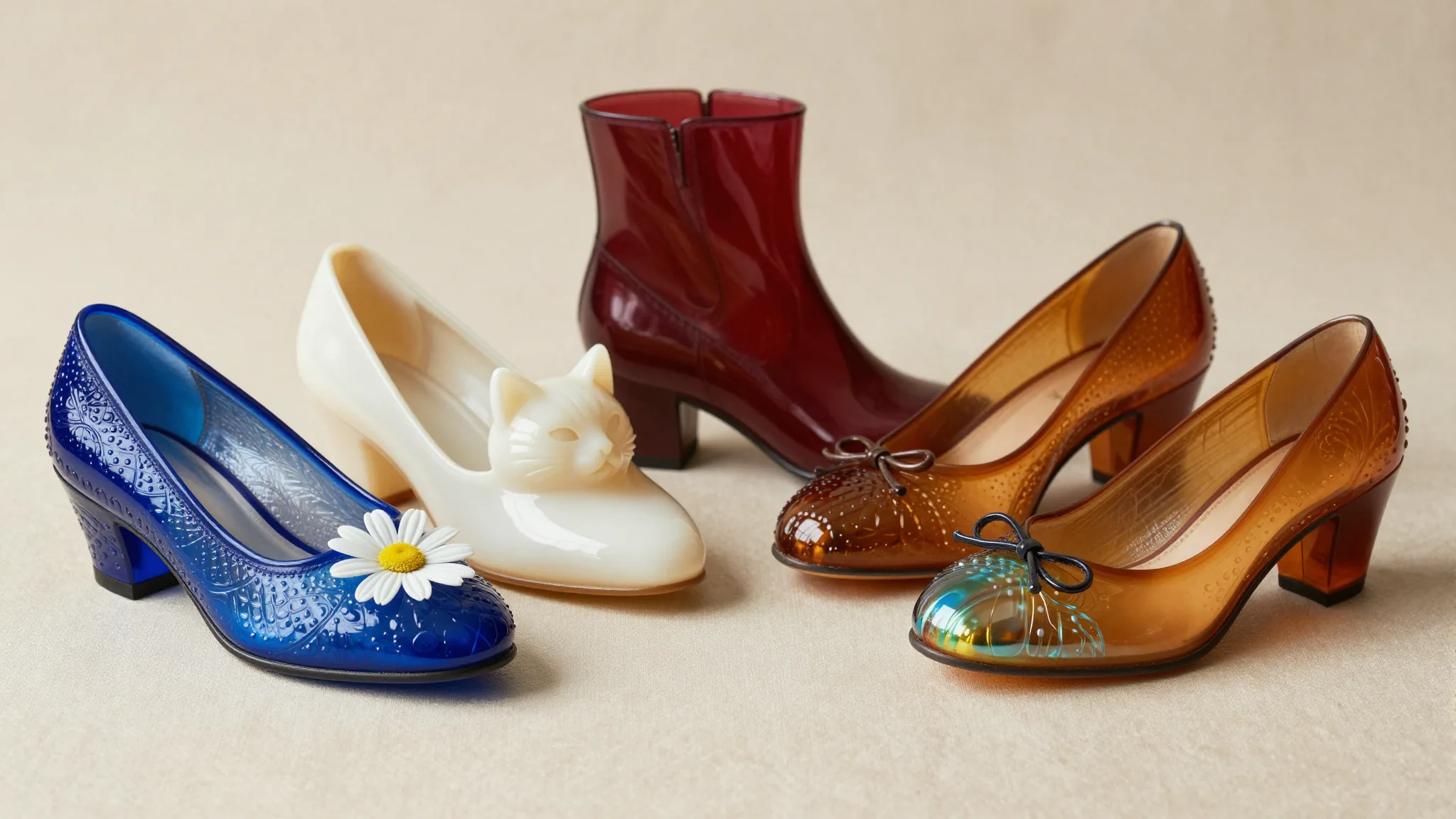 Vintage glass shoes collection showing Fenton, Boyd, and Degenhart slippers in various colors
