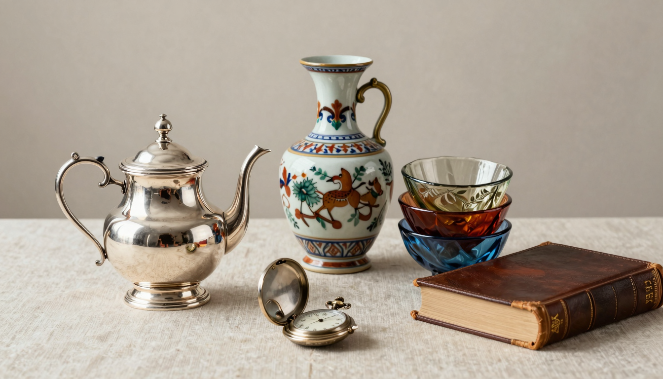 Assortment of valuable antiques and collectibles worth money on a neutral surface