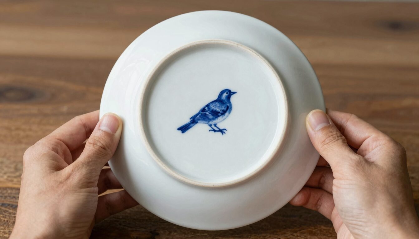 Antique porcelain plate underside with blue bird pottery mark backstamp