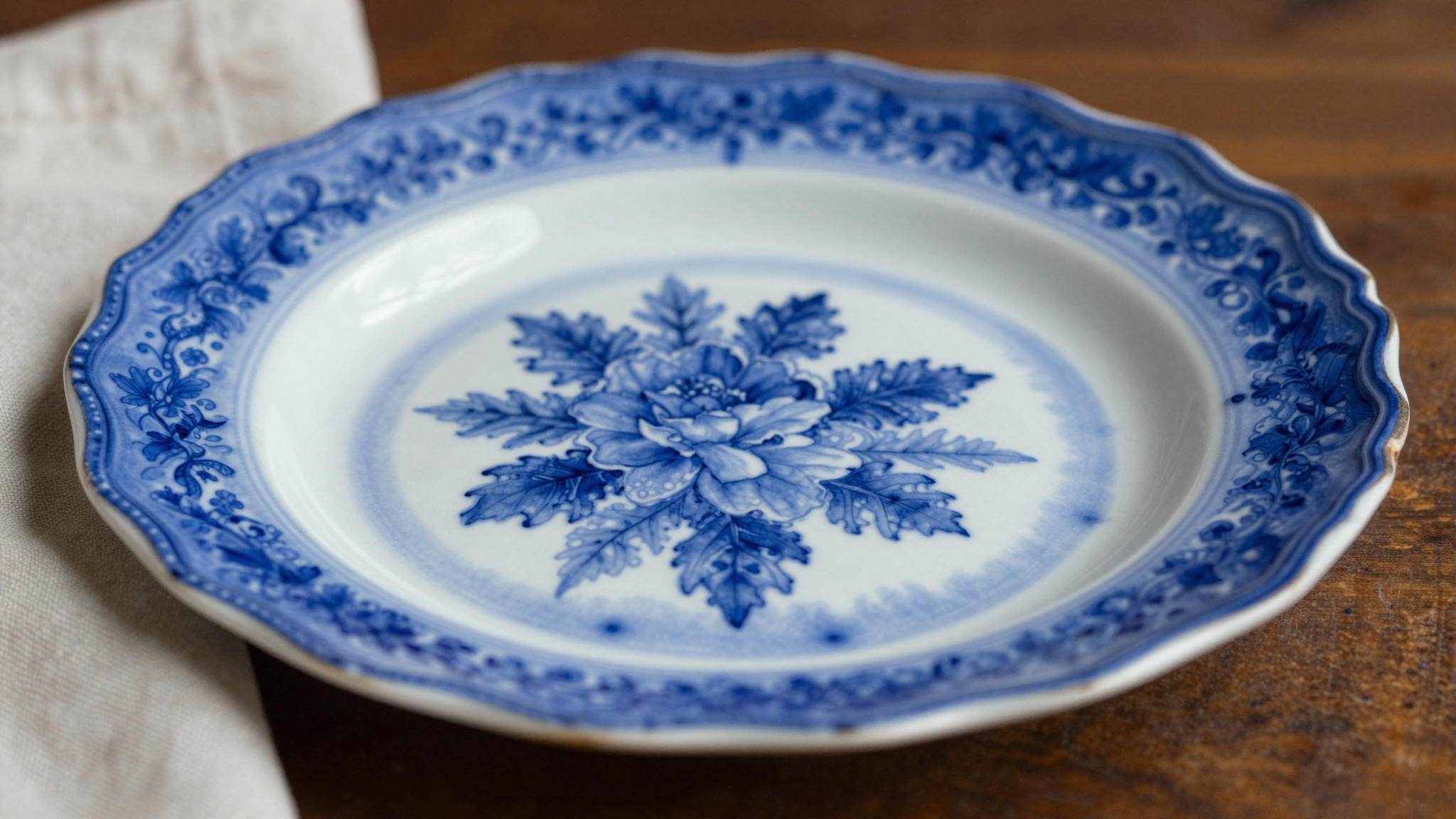 Antique Victorian Flow Blue china plate with blurred cobalt transferware pattern