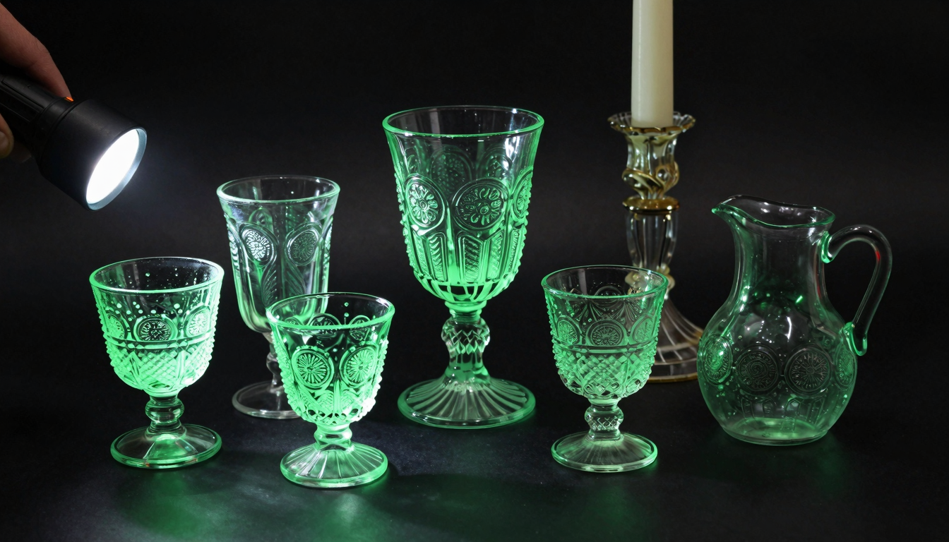 Antique vaseline uranium glass pieces glowing neon green under a UV flashlight