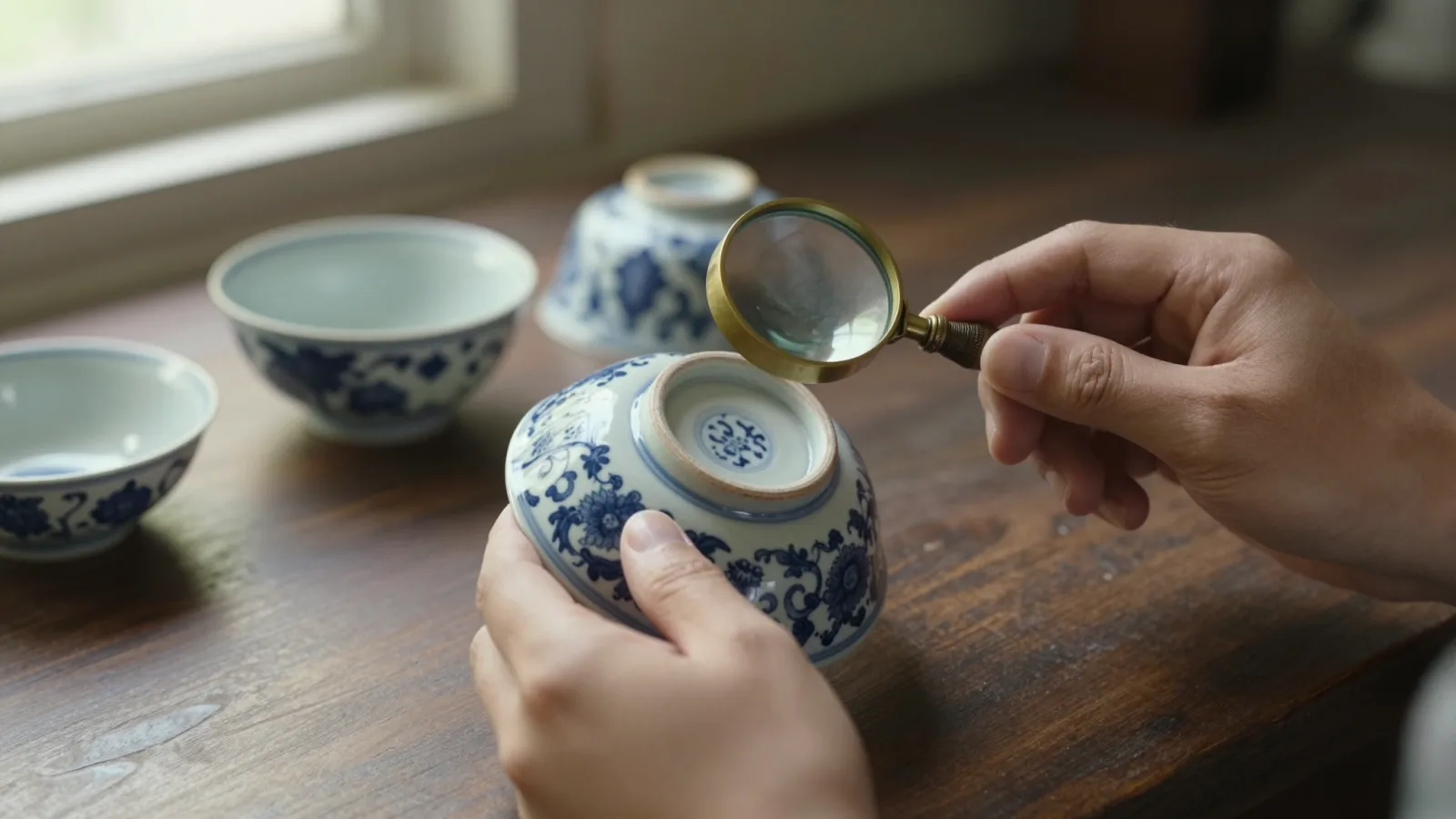 Hands turning over an antique blue and white porcelain bowl to inspect the unglazed base with a brass loupe