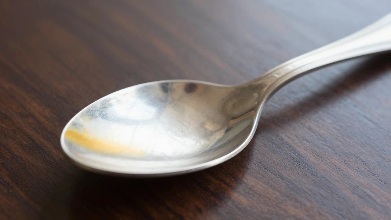 Worn tip of a silver-plated teaspoon bowl showing yellowish base metal through the silver