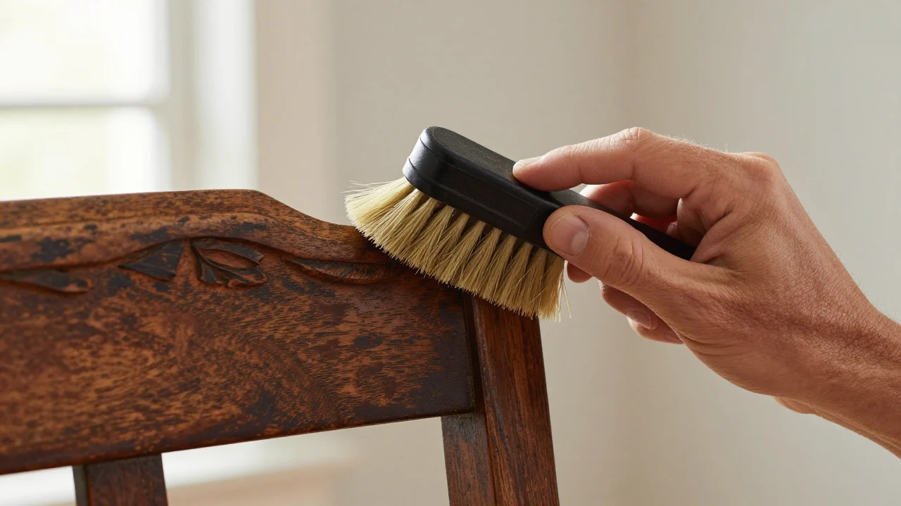 A hand dusting the carved top rail of an old dark wooden chair with a natural-bristle brush