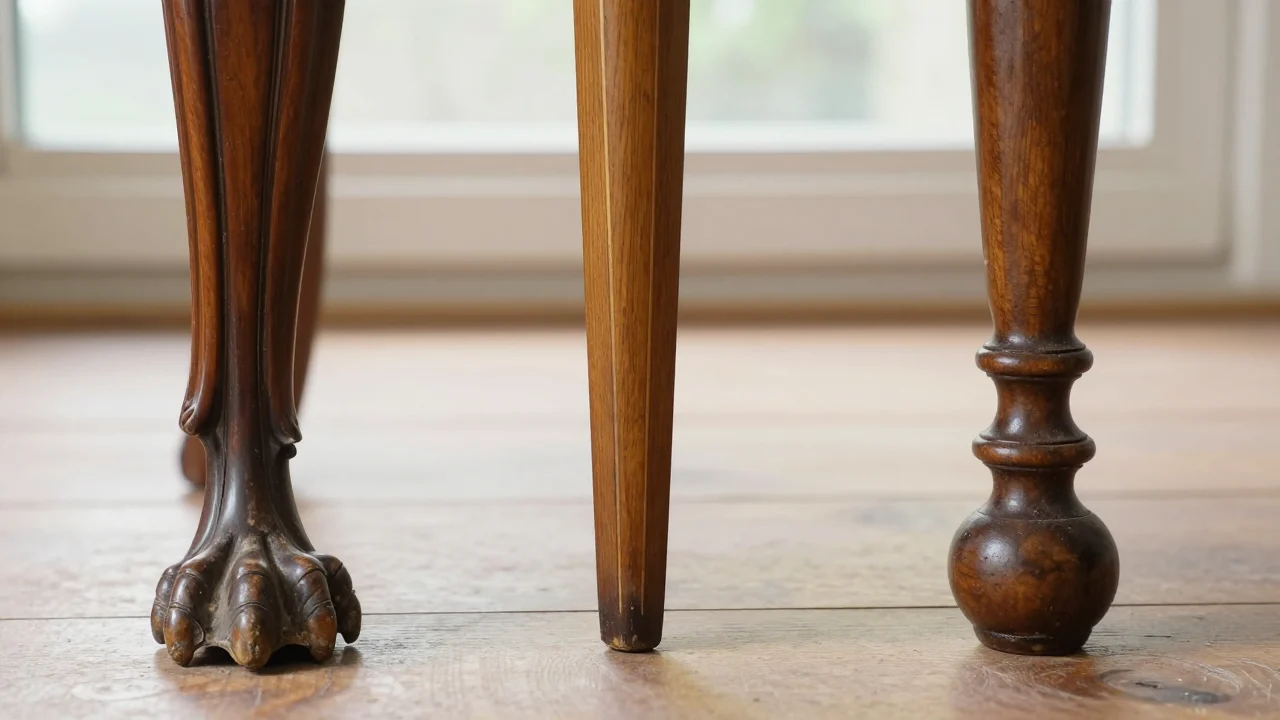 Three antique chair legs in a row on a wooden floor: a carved cabriole leg ending in a claw foot, a slender square tapered leg with a light inlaid line and a ring-turned leg ending in a ball foot