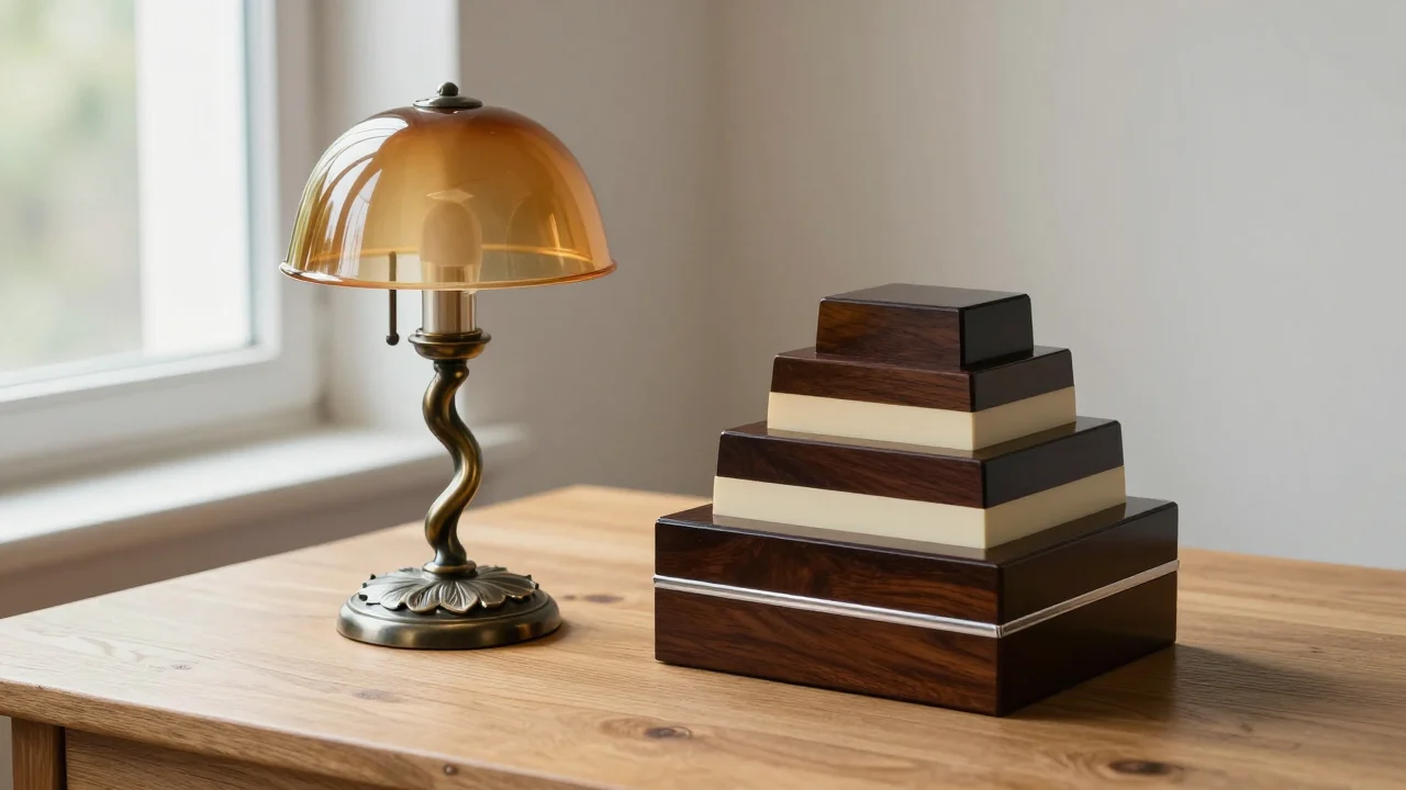 A lamp with a twisting sinuous stem and amber dome shade beside a stepped, tiered wooden box on an oak table