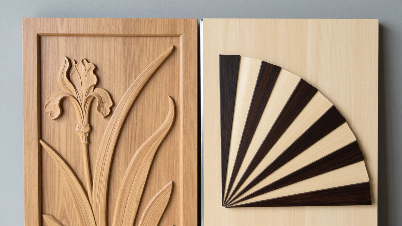 Two cabinet panels: carved iris relief with curving leaves on the left, radiating pale-and-dark veneer fan on the right